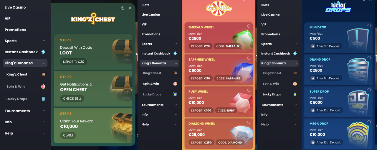 Bitkingz King'z Bonanza King'z Bonanza Bereich bei Bitkingz mit Chest, Spin und Win und Lucky Drops