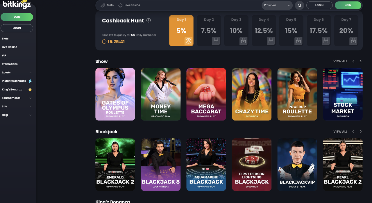 Bitkingz Live Casino Live Casino Lobby bei Bitkingz mit Game Shows und Blackjack-Tischen