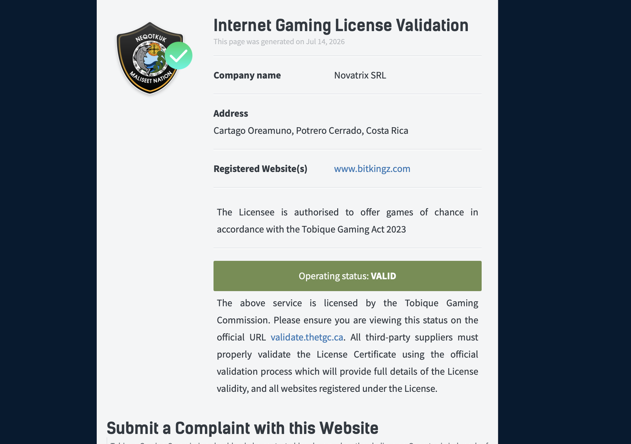 Bitkingz Lizenzprüfung Tobique Gaming Commission Offizielle Lizenzvalidierung von Bitkingz bei der Tobique Gaming Commission mit Status Valid