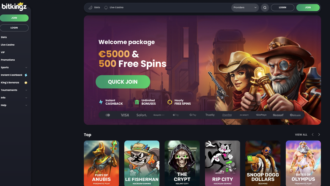 Bitkingz Casino Startseite Startseite von Bitkingz Casino mit Willkommenspaket und Spielelobby